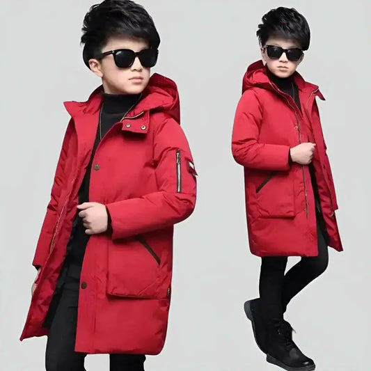 Parka enfant garçon rouge avec protection thermique, long puffer, hood, lunettes noires