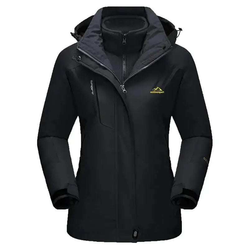 Parka femme à capuche noire, design technique et polyvalent, idéal pour mi-saison.