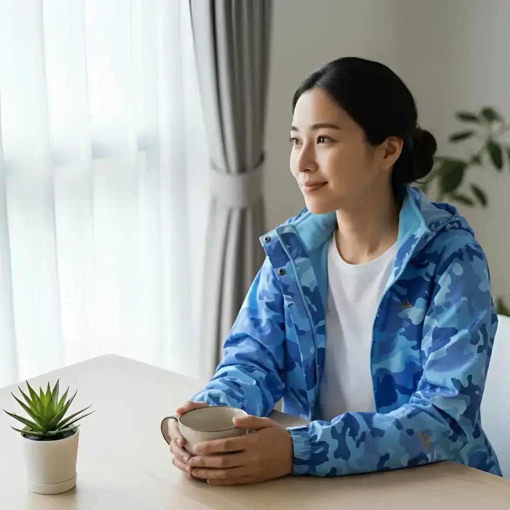 Femme portant une parka femme colorée bleu avec capuche, assise à table et tenant une tasse.