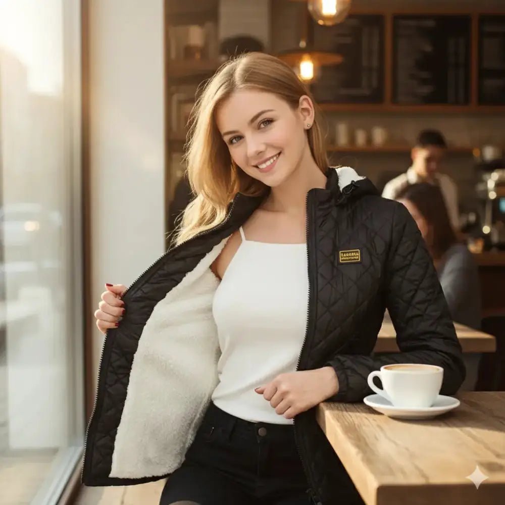Femme souriante portant une parka femme fausse fourrure noire dans un café avec un café sur la table.