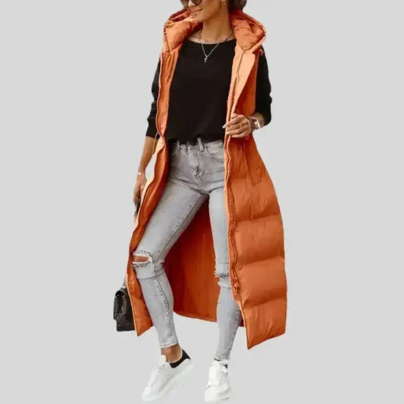 Vêtements femme : parka femme sans manches orange avec capuche et leggings.