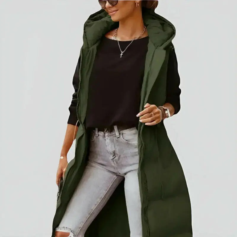 Parka femme chaude imperméable avec long gilet à capuche vert foncé pour trajets quotidiens