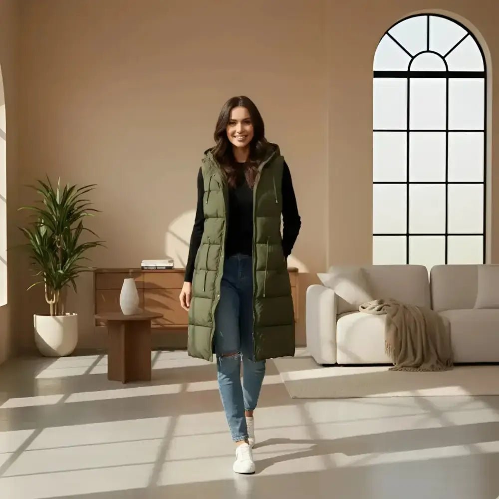 Parka femme sans manches vert militaire matelassée portée par une modèle dans un intérieur moderne.