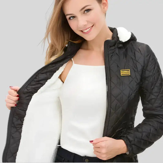 Parka femme chaude en tissu extérieur déperlant avec doublure matelassée et fausse fourrure blanche