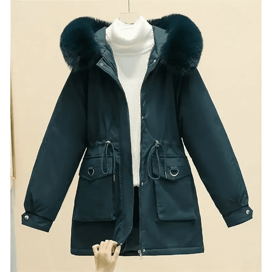 parka femme à capuche douce en polyester avec fausse fourrure, couleur kaki, parfaite pour les journées fraîches.