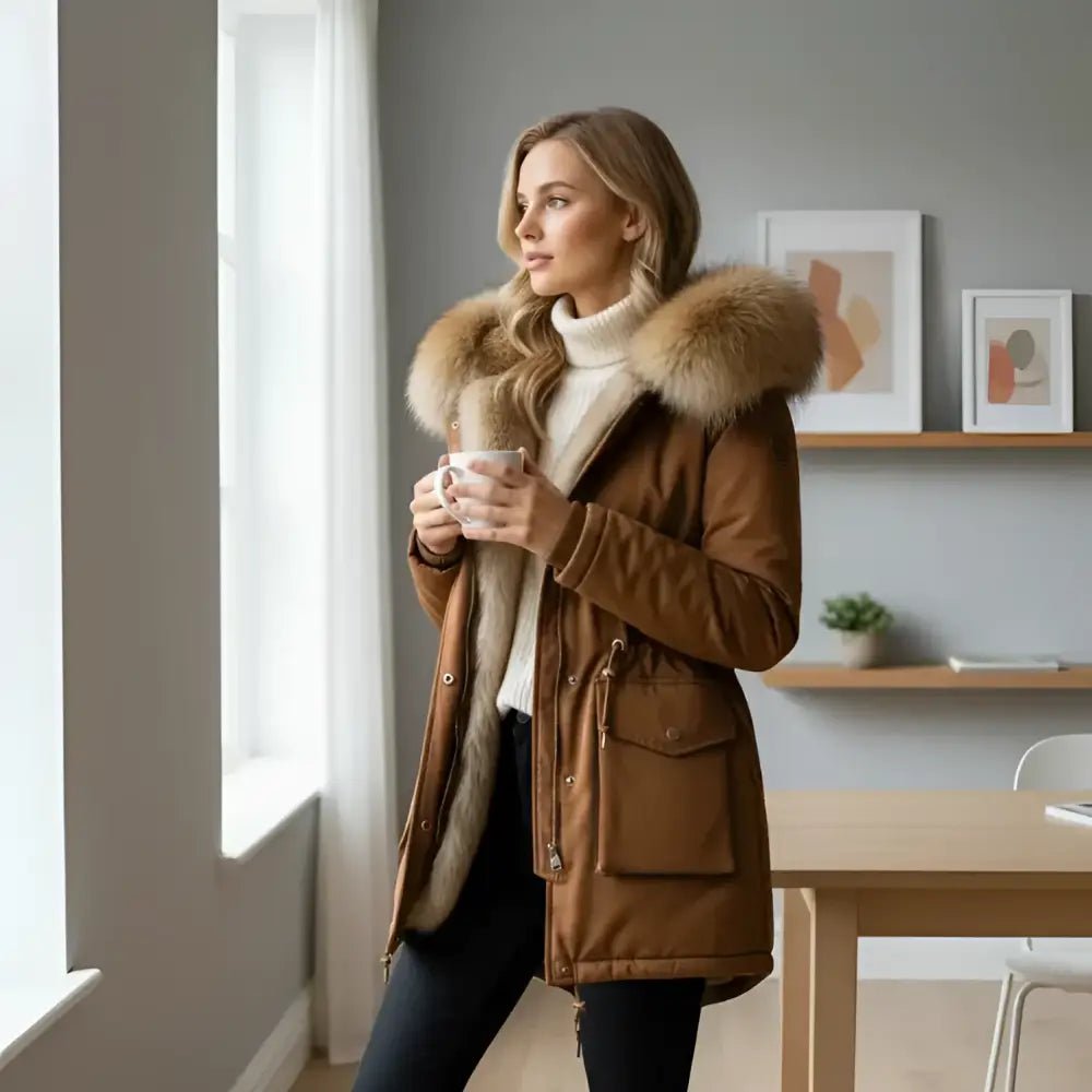 Parka femme à capuche douce couleur café, parfaite pour les journées fraîches et confortables.