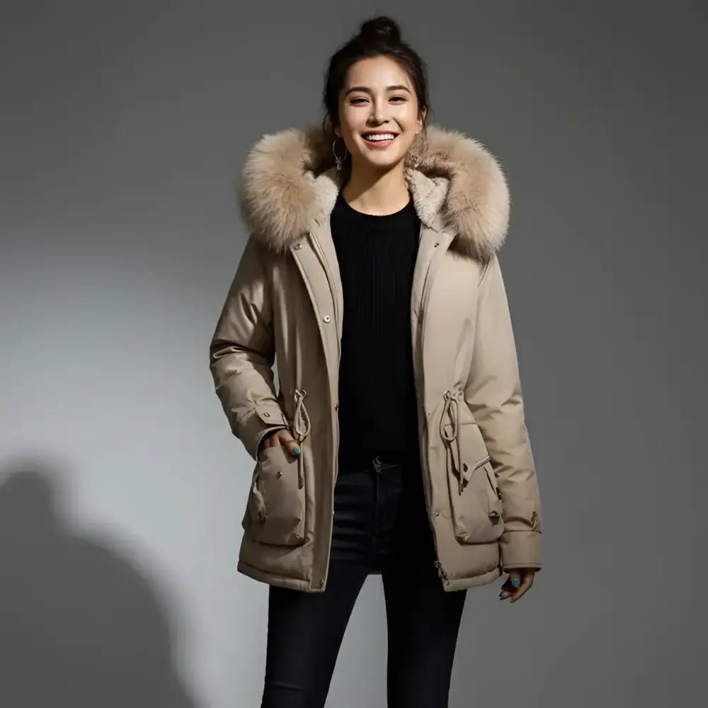 Parka femme à capuche douce crème avec fourrure, parfaite pour les journées fraîches.