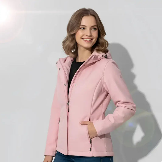 Parka femme imperméable avec capuche rose clair, poches zippées, veste softshell femme