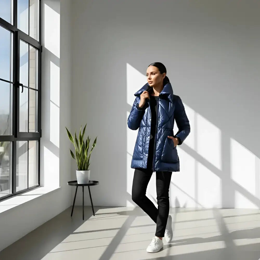 Parka femme longue bleu marine avec poches pratiques et rembourrage brillant