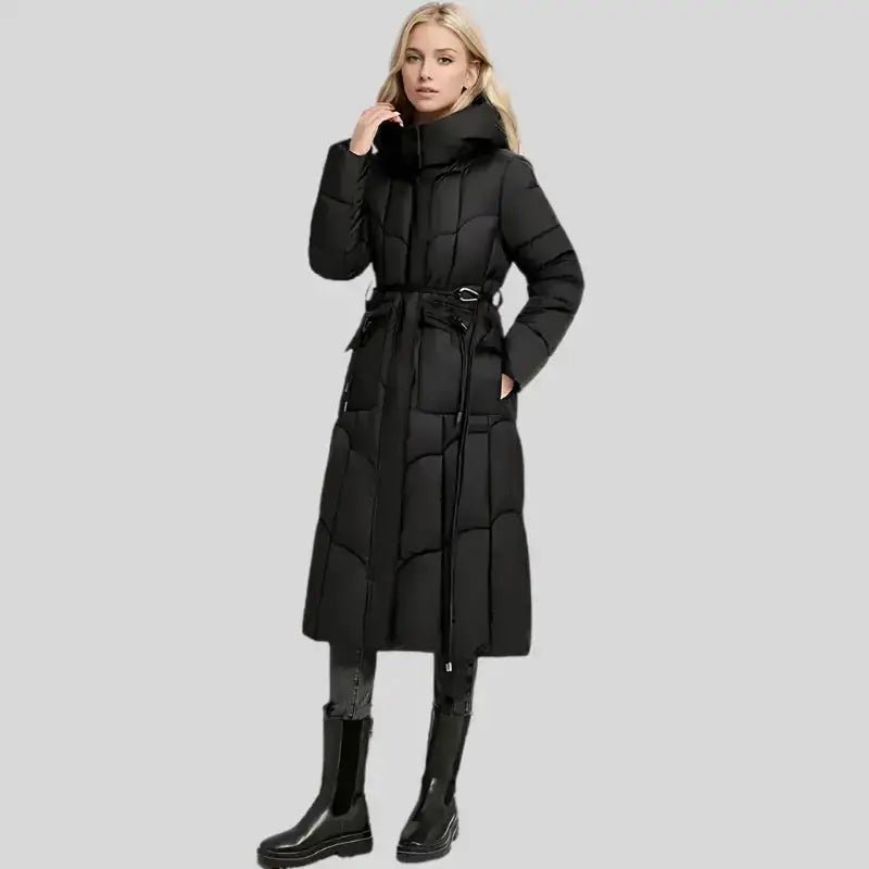 Parka noire femme longue avec ceinture, modèle élégant et intemporel de La Noctambule.