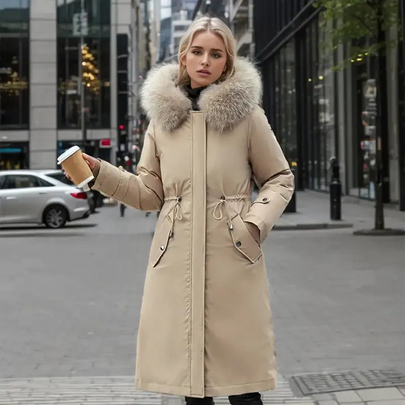 Parka femmes hiver beige avec tissu extérieur déperlant, doublure épaisse, capuche en fourrure