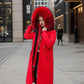 Parka femmes hiver longue avec tissu extérieur déperlant et doublure épaisse, grande capuche en fourrure rouge