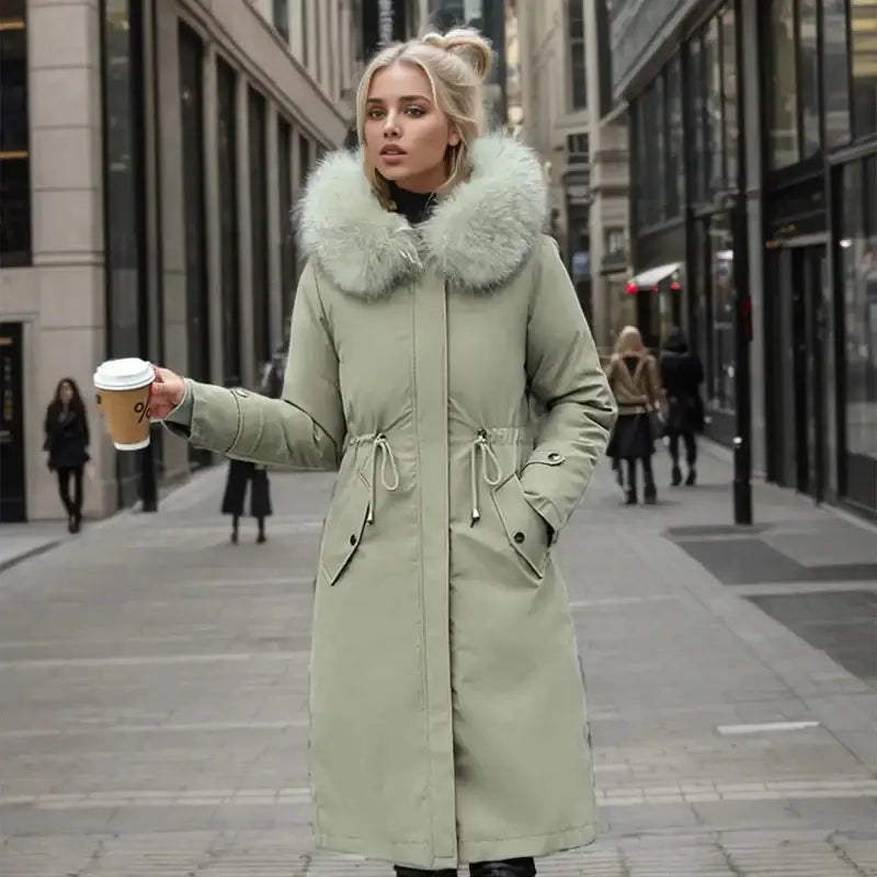 Parka femmes hiver en tissu extérieur déperlant, long sage vert, doublure épaisse, capuche en fourrure légère