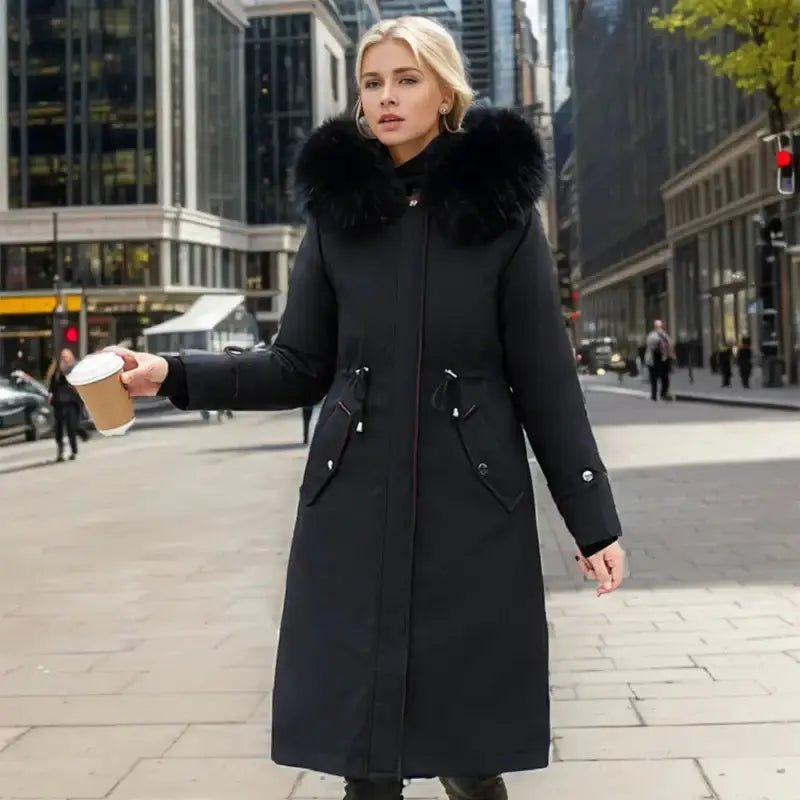 Parka femme hiver col fausse fourrure noire avec lumière urbaine en arrière-plan.