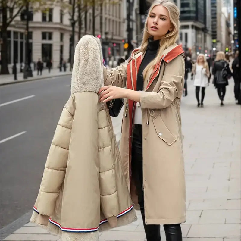 Parka femmes hiver beige avec tissu extérieur déperlant, doublure épaisse et capuche en fourrure
