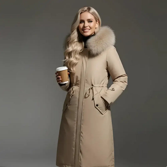 Parka femmes hiver beige avec capuche en fourrure, tissu extérieur déperlant, doublure épaisse