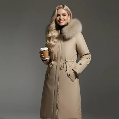 Parka femmes hiver beige avec capuche en fourrure, tissu extérieur déperlant, doublure épaisse