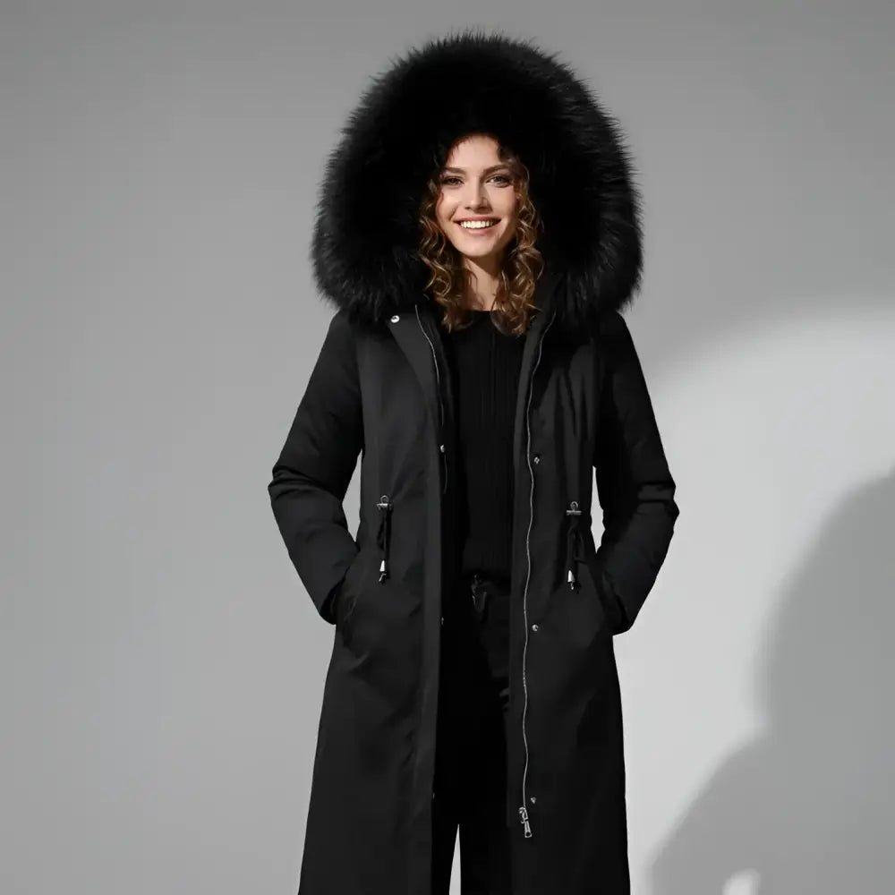 Parka femme hiver col fausse fourrure couleur noire, stylée et confortable pour l'hiver.