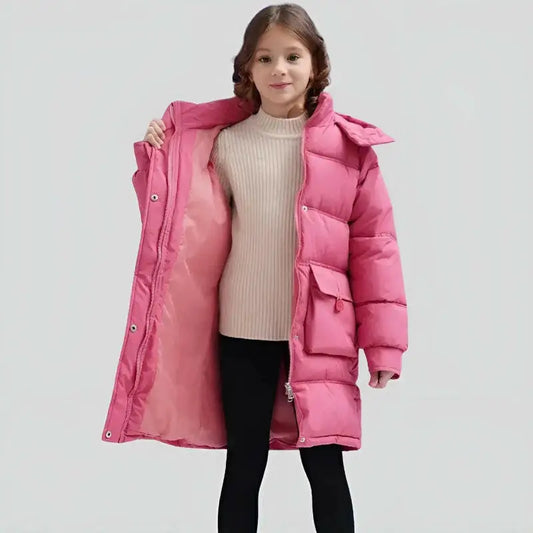 Parka fille 12 ans avec manteau enfant rose, pull crème et leggings pour activités extérieures