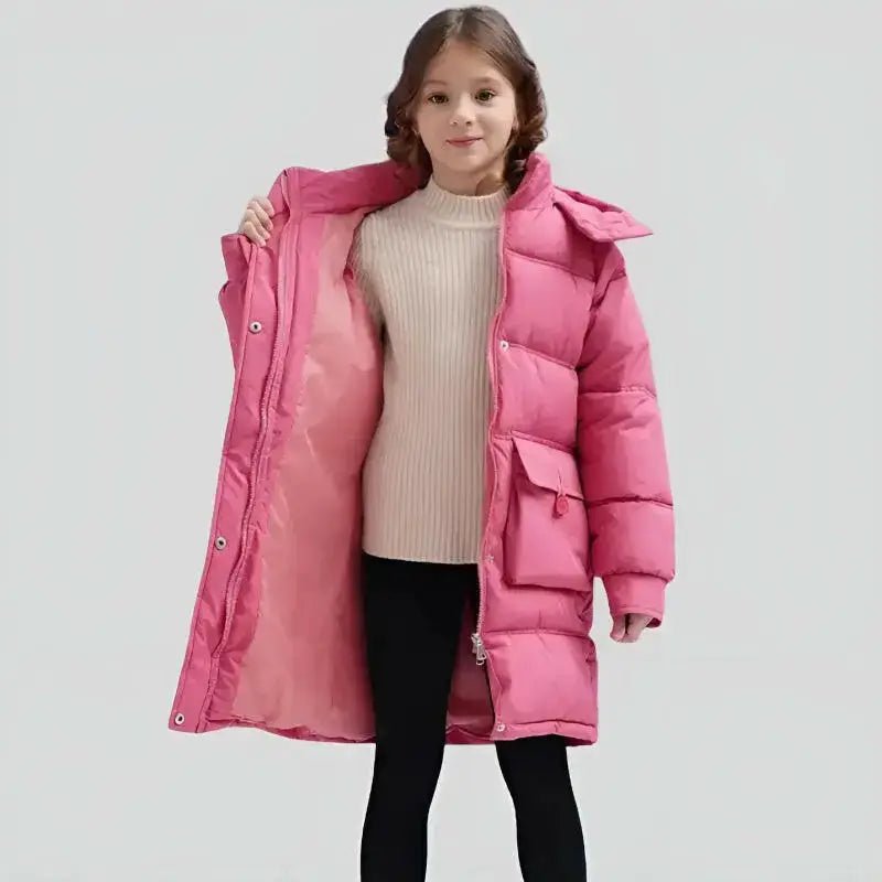 Parka fille 12 ans capuche en rose ouverte, modèle confortable et pratique pour l'école.