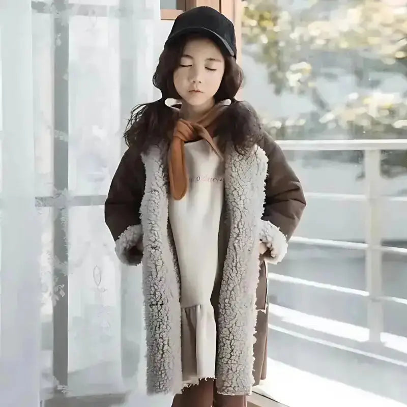Jeune fille portant un bonnet noir, un manteau brun doublé de fourrure et une robe blanche.