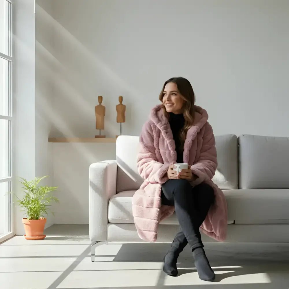 Femme en parka femme longue capuche fourrée rose, assise sur un canapé avec une tasse.