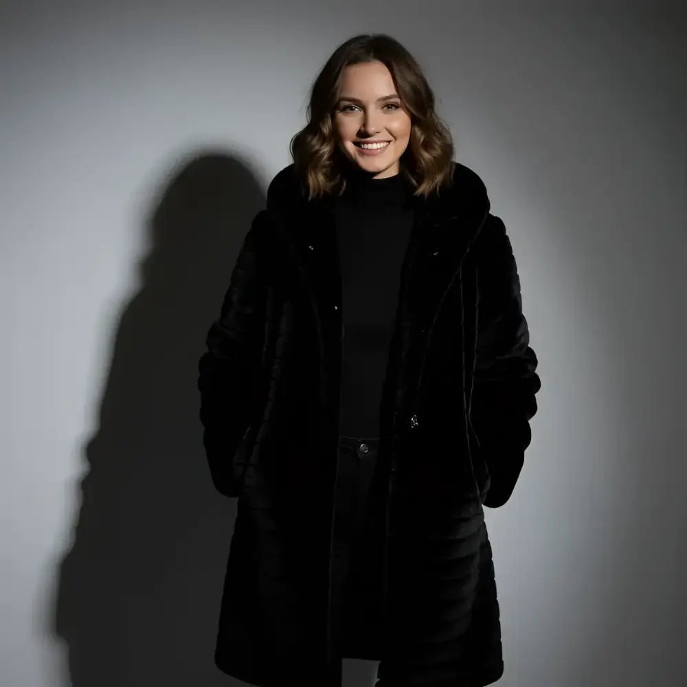 Parka femme longue capuche fourrée noire portée par un modèle souriant dans un éclairage doux.