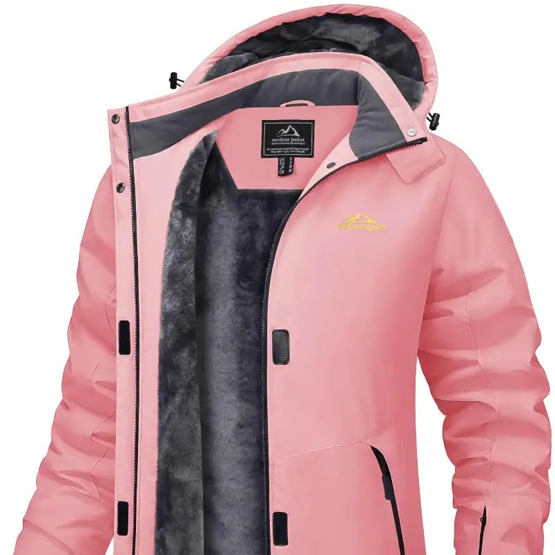 Parka hiver femme rose avec tissu extérieur déperlant et capuche réglable, insulation en faux fur
