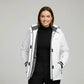 Parka hiver femme avec tissu extérieur déperlant, capuche réglable, veste blanche élégante