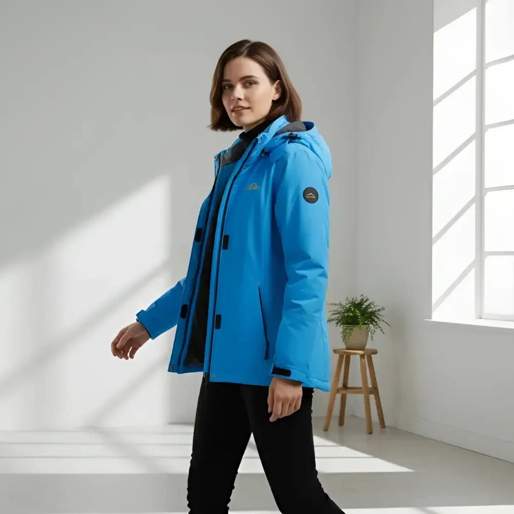 Parka femme capuche réglable bleue portée dans un intérieur lumineux et moderne.