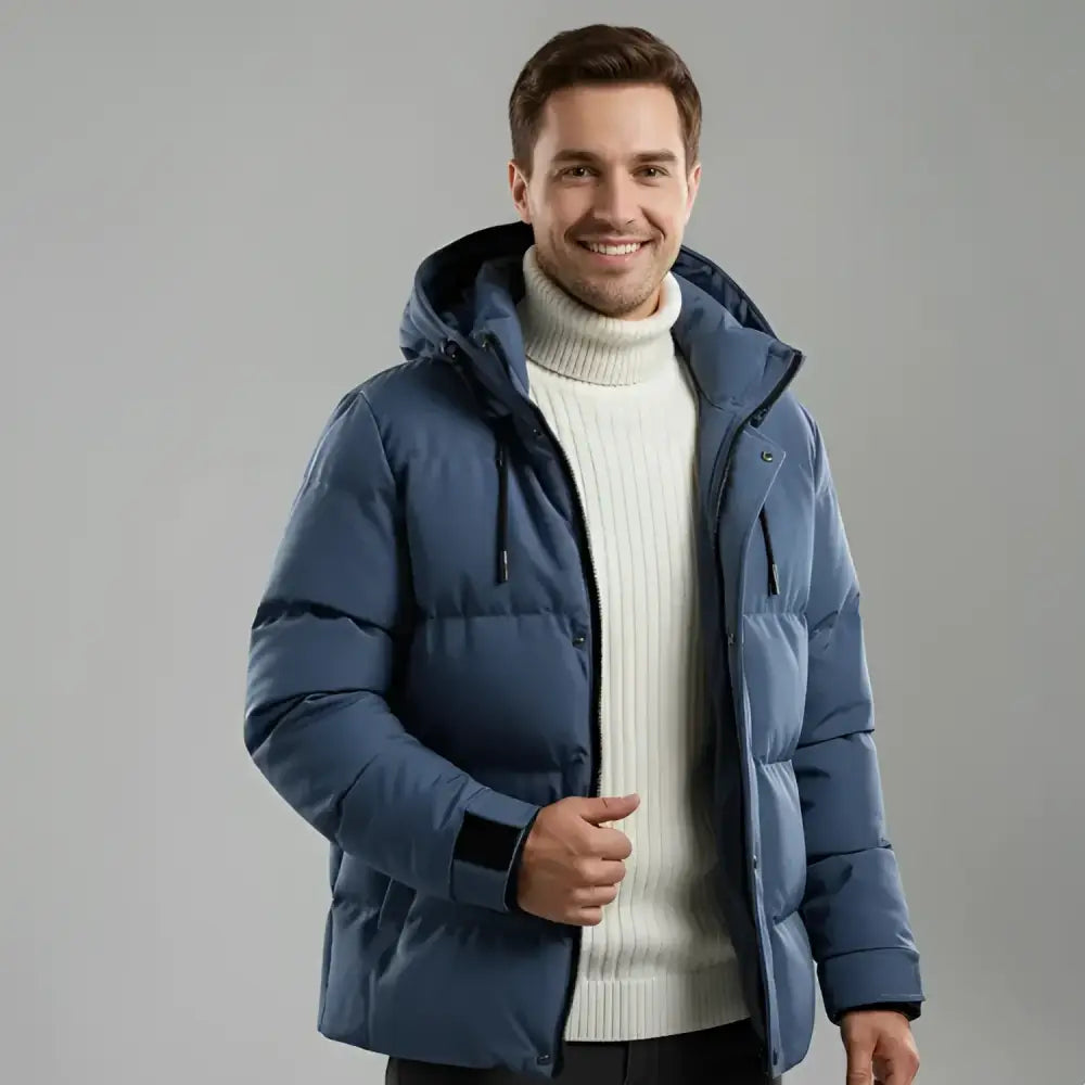 Homme souriant en parka hiver homme avec doublure matelassée et tissu extérieur déperlant