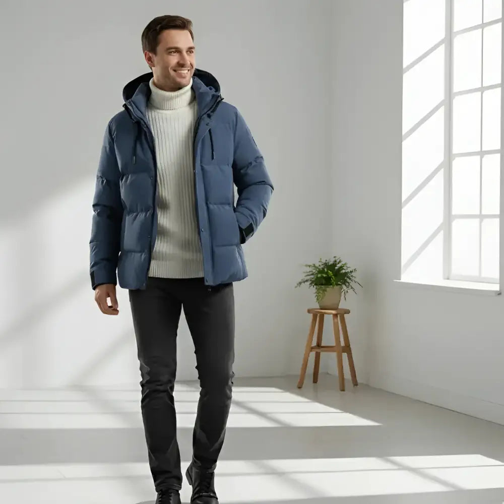Parka hiver homme bleu avec doublure matelassée, tissu extérieur déperlant, look élégant