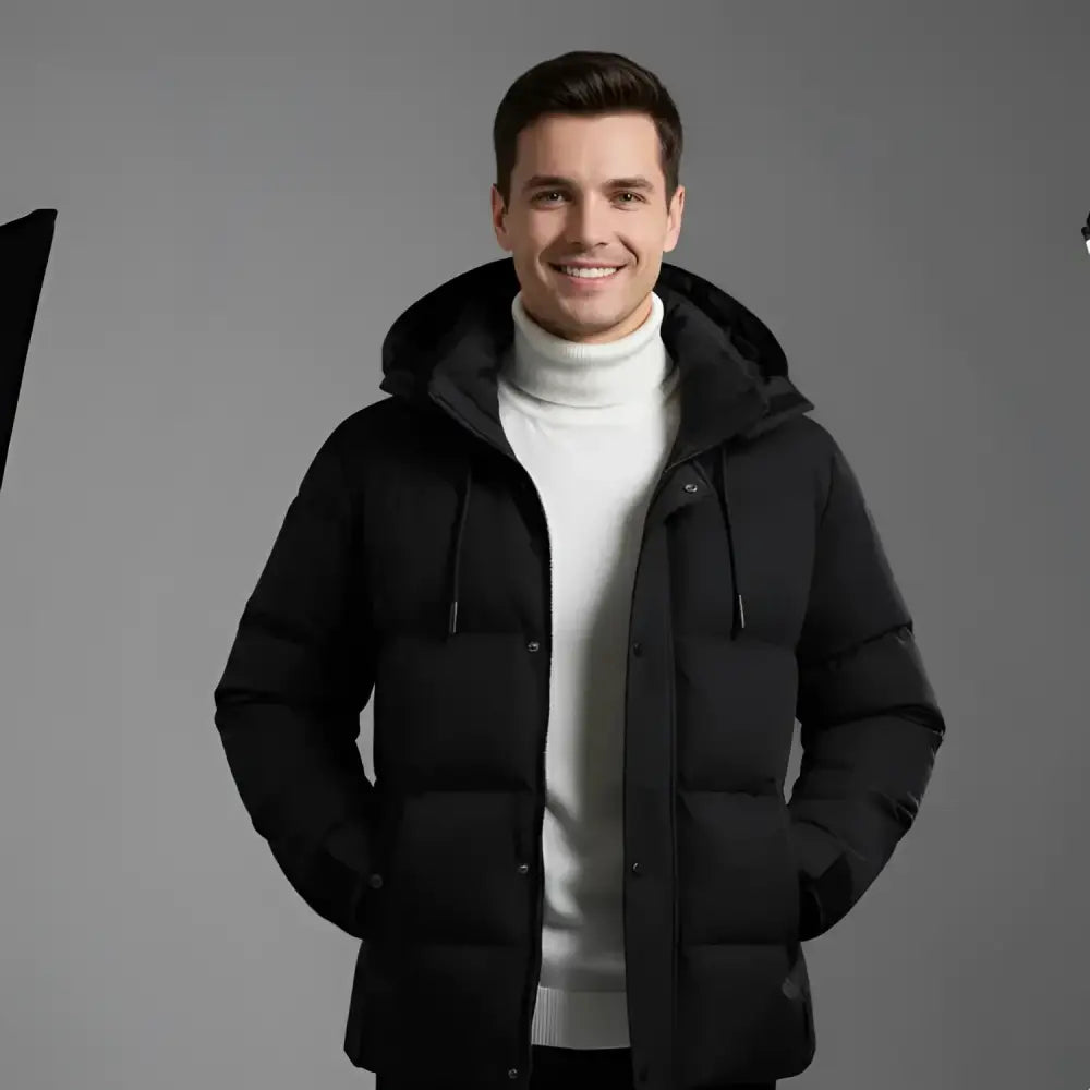 Homme souriant en parka hiver homme avec doublure matelassée et tissu extérieur déperlant