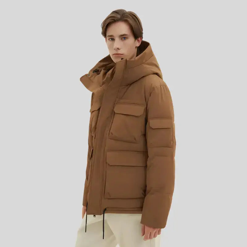 Parka homme en duvet marron avec poches, doublure intérieure et capuche réglable