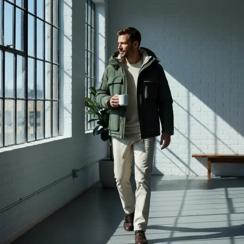 Un homme portant une parka homme camel minimaliste, marchant dans un espace lumineux avec une tasse de café.