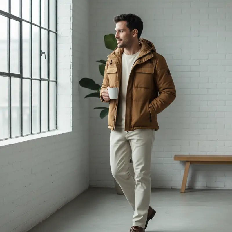 Homme en parka homme camel minimaliste, tenant une tasse près d'une fenêtre, style urbain et décontracté.