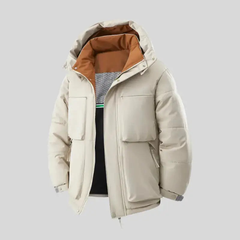 Parka homme beige avec capuche réglable, grandes poches et doublure intérieure chaleureuse