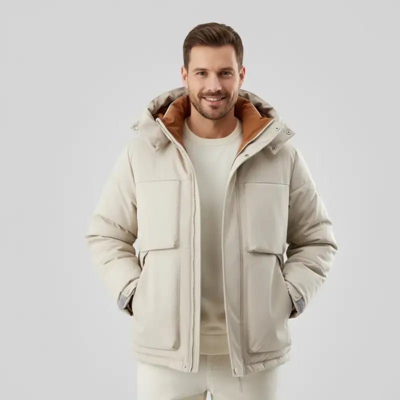 Parka homme camel minimaliste Le Sobre, style urbain avec poches, couleur chaude, coupe droite.