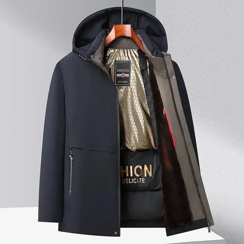 Parka homme bleu marine avec doublure intérieure dorée et fausse fourrure