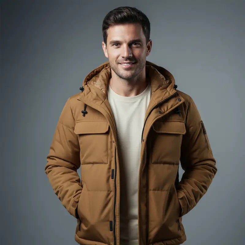 Parka homme camel minimaliste portée par un modèle masculin, style urbain, look moderne.