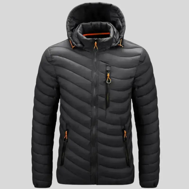 Parka homme matelassée multicolore, capuche, coloris noir, idéal pour les saisons froides.