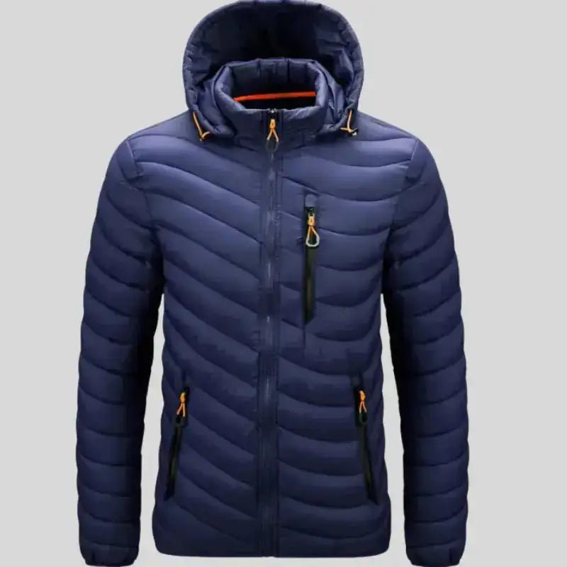 Parka homme matelassée multicolore avec capuche, en polyester, couleur bleu marine.
