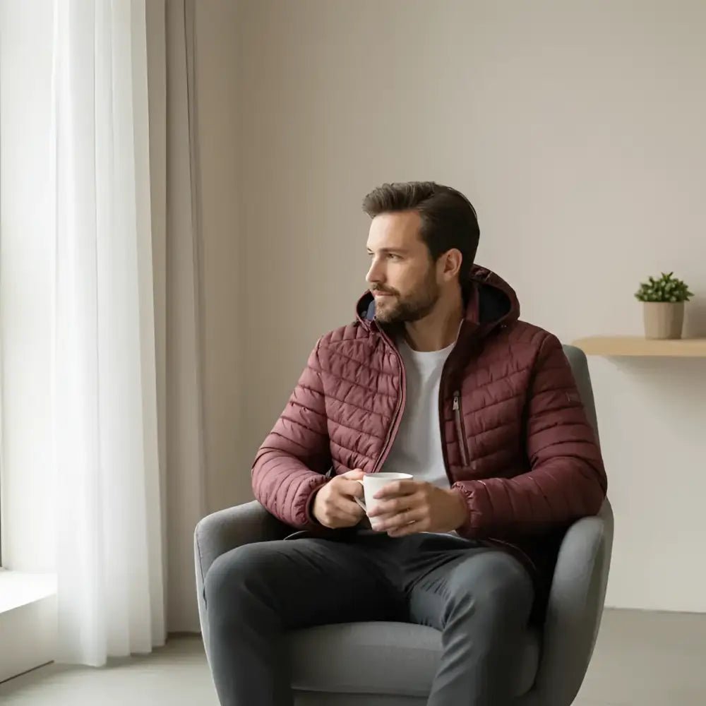 Homme portant une parka homme matelassée multicolore assis dans un fauteuil en gris.