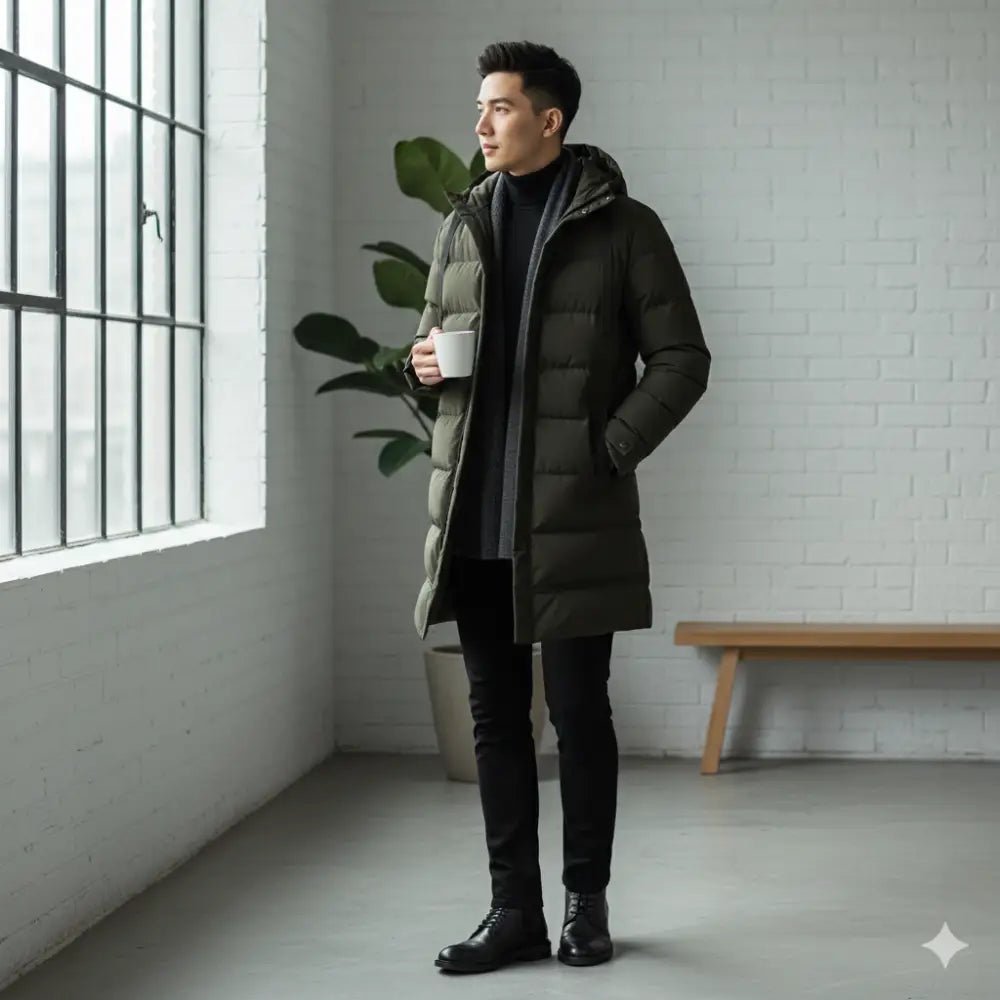 Parka homme grise longue matelassée portée, style urbain, élégant et confortable.