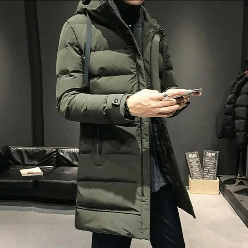 Parka homme chaude en tissu extérieur déperlant, longue, olive, coupe pratique