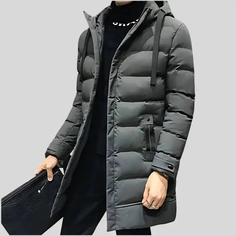 Parka homme chaude avec tissu extérieur déperlant et coupe pratique, long gris avec capuche