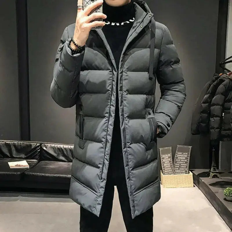 Parka homme chaude en tissu extérieur déperlant, coupe pratique, long gris avec capuche