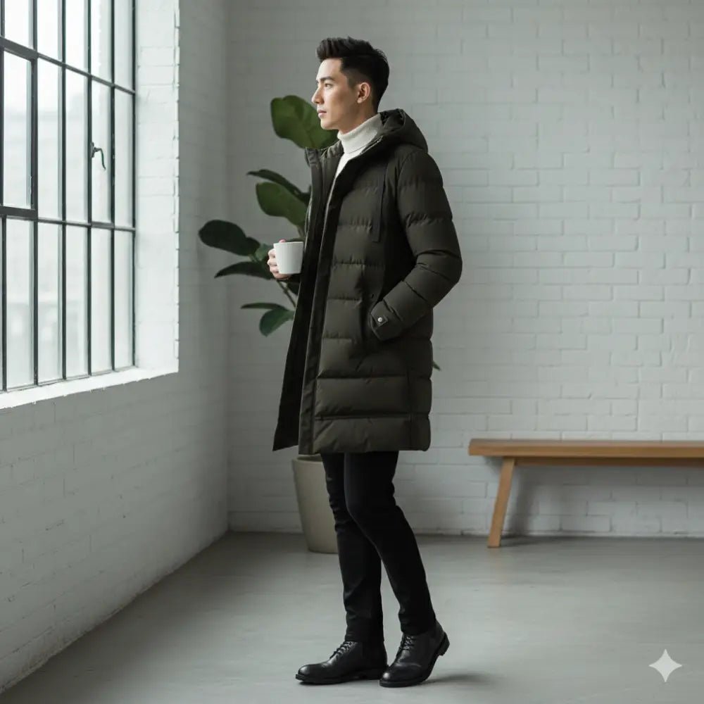 Parka homme grise longue matelassée – Le Grisaille, hiver urbain, look élégant, confort, coupe longue.