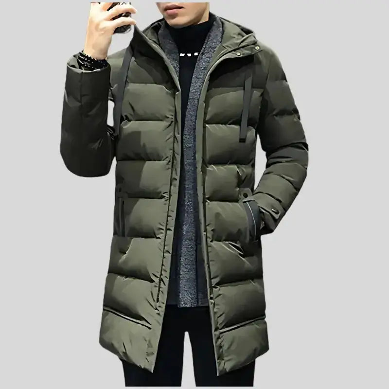 Parka homme chaude en tissu extérieur déperlant, coupe pratique, long, olive vert, hooded