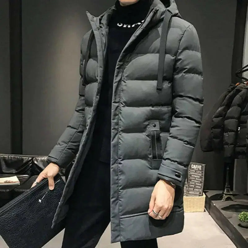 Parka homme chaude en tissu extérieur déperlant, coupe pratique, long gris avec capuche